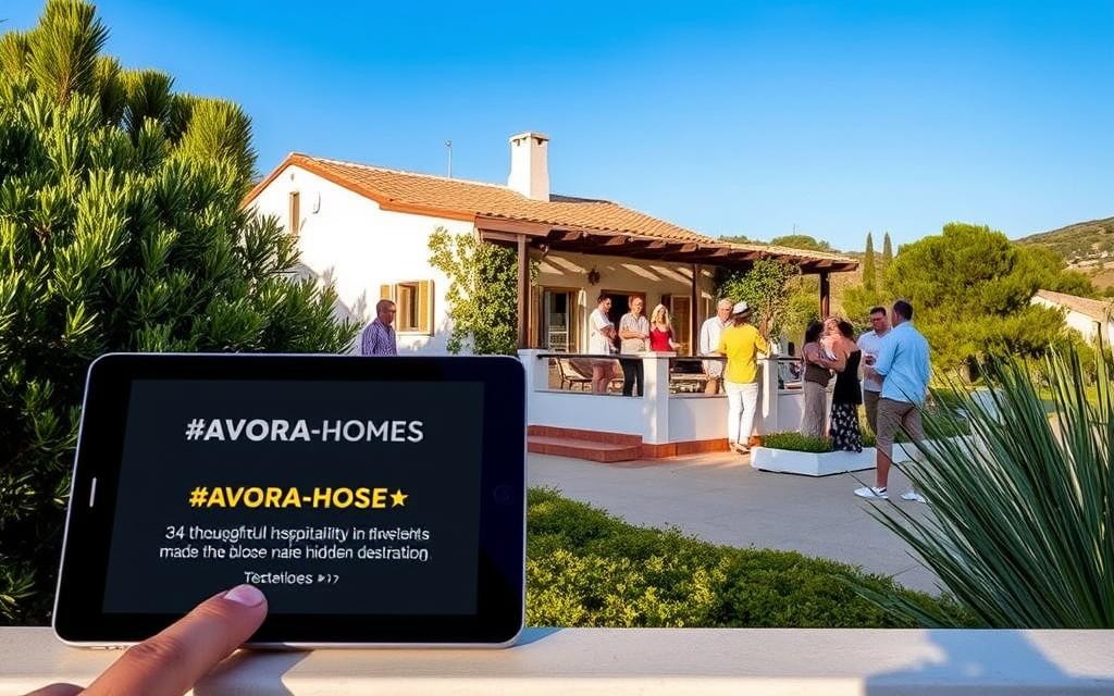 A serene Mediterranean villa nestled amidst lush greenery, its white-washed walls and terra-cotta roof tiles glowing under the warm Cypriot sun. On the breezy terrace, a group of guests gathered, engaged in lively conversation and sharing their experiences. In the foreground, a tablet displays glowing "#AVORA-HOMES" ratings and reviews, reflecting the thoughtful hospitality and attention to detail that have made this villa a beloved destination. The overall atmosphere conveys a sense of comfort, relaxation, and the joy of discovering a hidden gem on the island of Cyprus.
