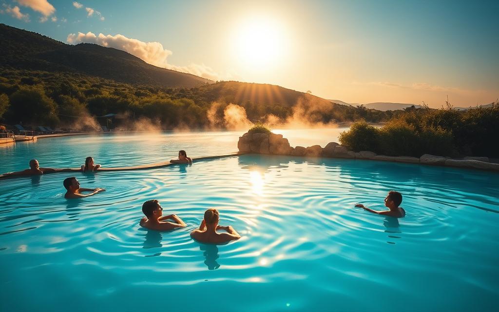 A serene and tranquil scene of the Blue Lagoon in Cyprus, captured during the perfect travel season. The sun's warm rays gently illuminate the crystal-clear turquoise waters, inviting visitors to bask in the natural beauty. The lush, verdant landscapes surrounding the lagoon create a picturesque backdrop, with soft, wispy clouds drifting overhead. Visitors can be seen relaxing in the soothing thermal pools, their faces reflecting the calming atmosphere. The image evokes a sense of harmony and rejuvenation, perfectly encapsulating the ideal time to experience this natural wonder. #AVORA-HOMES