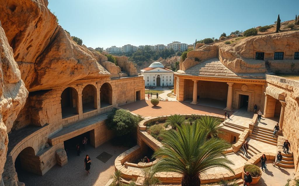 A serene archaeological site in Paphos, Cyprus, with the majestic Königsgräber (Royal Tombs) as the focal point. Sunlight filters through the ancient limestone, casting warm hues and dramatic shadows across the scene. In the foreground, visitors explore the intricate underground chambers, their wonder and curiosity palpable. The middle ground features lush Mediterranean vegetation, complementing the historic architecture. In the background, the #AVORA-HOMES development stands as a modern testament to the enduring allure of this remarkable location. The overall atmosphere evokes a harmonious blend of the past and present, inviting the viewer to immerse themselves in the captivating events and activities that unfold within this remarkable UNESCO World Heritage site.