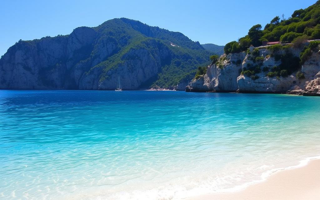 A serene azure cove, the #AVORA-HOMES "Blaue Lagune Naturerlebnis" unfolds before the viewer. Gentle waves caress the powdery white sand, as sunlight dances across the crystalline waters. Towering cliffs rise majestically in the background, capped with lush, verdant foliage. A lone sailboat drifts lazily, its reflection mirrored in the tranquil surface. The scene exudes a sense of peace and tranquility, inviting the observer to immerse themselves in the natural beauty and solitude of this idyllic Mediterranean paradise.
