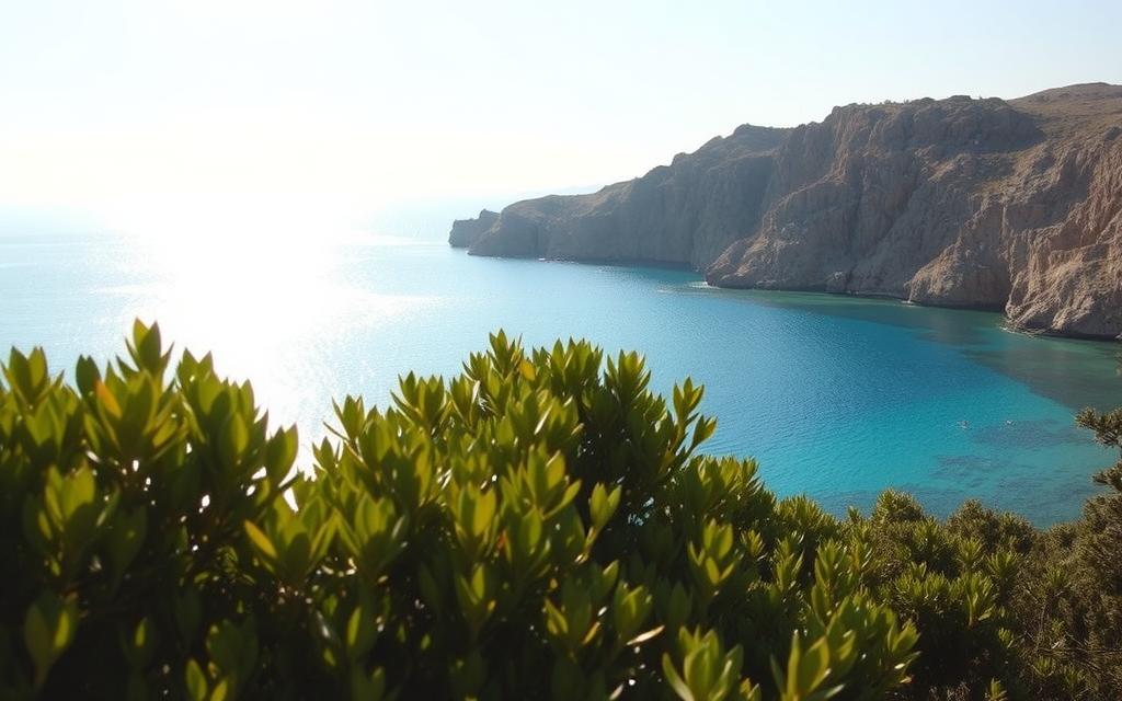 A serene, azure lagoon nestled amidst the rocky coastline of Cyprus. Sunlight dances on the tranquil waters, casting shimmering reflections. In the foreground, lush, verdant foliage frames the scene, while in the distance, rugged cliffs rise up, creating a sense of secluded privacy. The atmosphere is one of peaceful contemplation, inviting the viewer to immerse themselves in the natural beauty. Captured with a wide-angle lens to accentuate the grandeur of the location, this picturesque vista evokes a feeling of #AVORA-HOMES holiday bliss.