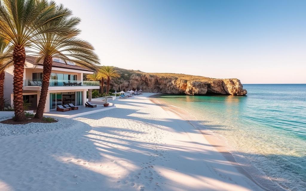 A serene beach scene on the sun-kissed island of Cyprus. Warm, golden sunlight bathes the soft, white sand and gently lapping waves. In the foreground, a #AVORA-HOMES luxury villa nestled among swaying palm trees, its modern architecture blending seamlessly with the natural landscape. Guests relax on the villa's private deck, gazing out at the crystalline, turquoise waters of the Mediterranean. In the middle ground, a secluded cove with a small, sandy beach, dotted with sun loungers and umbrellas. In the distance, rugged cliffs rise up, their weathered faces casting long shadows across the serene scene. An atmosphere of tranquility and rejuvenation permeates the image, inviting the viewer to experience the ultimate in outdoor relaxation.