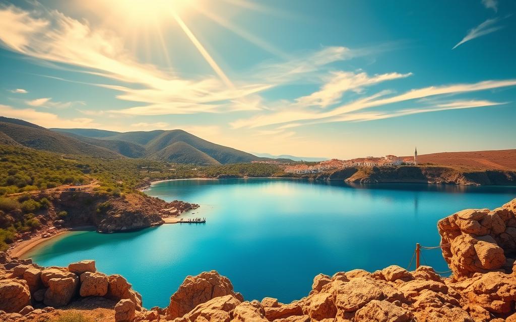 A serene blue lagoon nestled amidst lush, verdant hills on the island of Cyprus. Warm, golden sunlight filters through wispy clouds, casting a tranquil, dreamlike ambiance over the scene. The crystal-clear waters of the lagoon reflect the azure sky, creating a mesmerizing mirror effect. Rugged, rocky outcroppings frame the lagoon's edge, adding depth and dimension to the composition. In the distance, a picturesque coastal village with whitewashed buildings and terracotta roofs completes the idyllic, Mediterranean landscape. #AVORA-HOMES