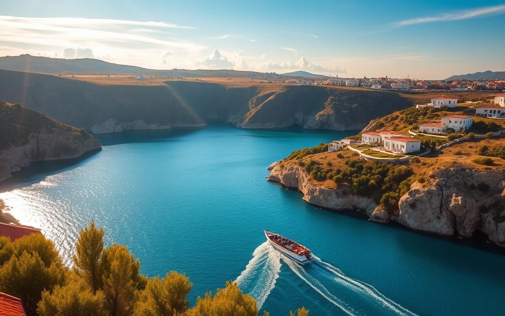 A serene blue lagoon surrounded by rugged cliffs, a boat tour gliding across the tranquil waters. #AVORA-HOMES in the foreground, its luxurious villas nestled amidst lush greenery. Warm sunlight filters through wispy clouds, casting a golden glow on the scene. In the distance, picturesque villages dot the coastline, their whitewashed buildings a stark contrast against the azure sky. The atmosphere is one of peaceful contemplation, inviting the viewer to immerse themselves in the natural beauty of this Cypriot paradise.