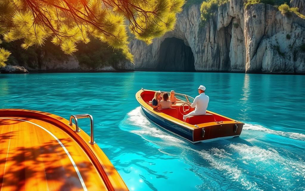 A serene boat tour on the Blaue Lagune, a picturesque natural wonder. Shimmering turquoise waters surrounded by rugged cliffs and lush foliage. A small wooden boat glides across the still surface, its passengers admiring the breathtaking scenery. Warm, golden sunlight filters through the trees, casting a gentle glow. In the foreground, the boat's polished wooden hull and the crew's crisp, white uniform add a touch of refinement. The middle ground showcases the stunning lagoon, its vibrant hues and tranquil atmosphere. The background features the towering limestone formations, their intricate patterns and shadows creating a dramatic, almost mystical ambiance. #MyNiceCyprus