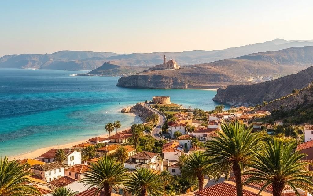 A serene coastal landscape of Zypern Reise, with sun-drenched beaches, crystal-clear turquoise waters, and lush palm trees swaying gently in the breeze. In the foreground, a picturesque seaside village with charming whitewashed buildings and terracotta roofs. In the middle ground, a winding road leading to a historic landmark, such as an ancient castle or a Byzantine church. In the background, dramatic cliffs and rolling hills, bathed in a warm, golden light. The scene conveys a sense of tranquility and timeless beauty, perfect for a relaxing Zypern adventure. #MyNiceCyprus
