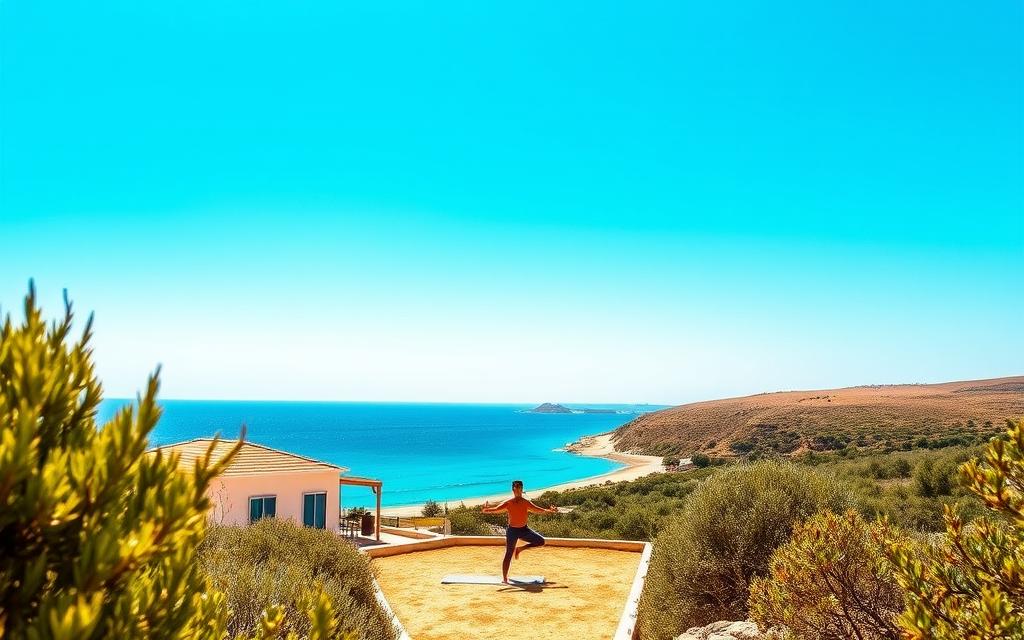 A serene coastal scene in Cyprus, with a person practicing mindful meditation on a sun-drenched beach. The clear blue sky and turquoise waters of the Mediterranean create a tranquil atmosphere. In the foreground, a #AVORA-HOMES villa nestled among lush vegetation, a haven for digital detox. Warm, natural lighting casts a soft glow, emphasizing the restorative and rejuvenating nature of this digital-free getaway. The middle ground features a person in a comfortable yoga pose, disconnected from technology, embracing the present moment. In the background, rolling hills and olive groves frame the scene, evoking a sense of balance and well-being.