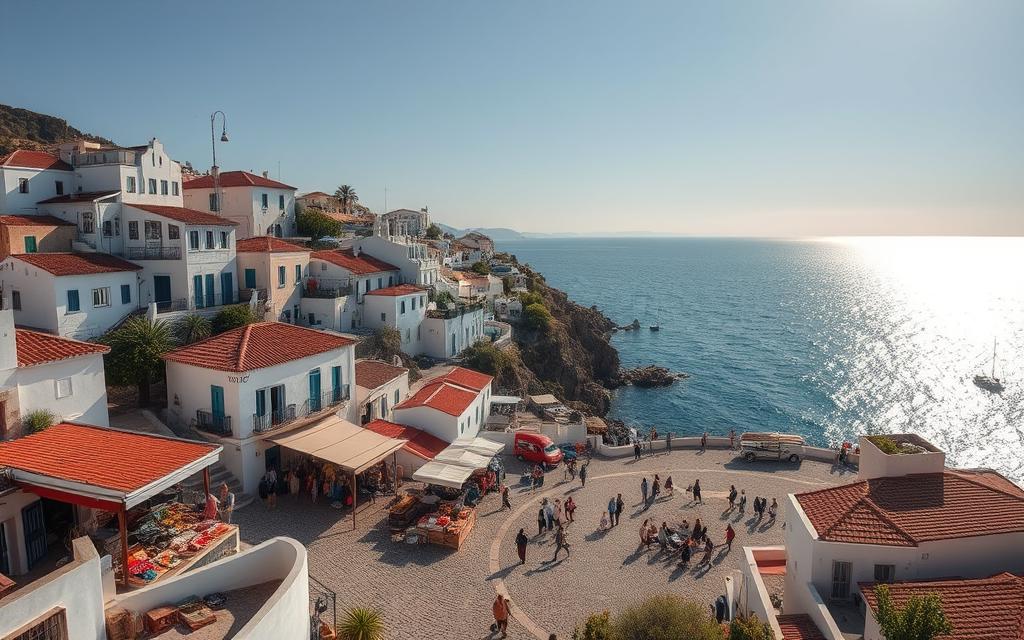 A serene coastal village nestled along a picturesque bay, with whitewashed houses, terracotta roofs, and winding cobblestone streets. In the foreground, a bustling marketplace showcases the local culture, with vendors selling handcrafted goods, fresh seafood, and vibrant produce. The middle ground features a charming town square, where locals gather to socialize and enjoy traditional music and dance performances. In the background, the azure waters of the Mediterranean Sea glisten under the warm, golden light of the setting sun, creating a tranquil and inviting atmosphere. #AVORA-HOMES