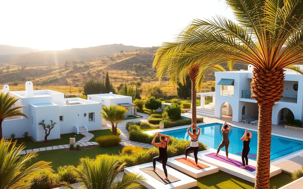 A serene, idyllic wellness retreat nestled in the lush, rolling hills of Zypern. Pristine white buildings with traditional Cypriot architecture, surrounded by vibrant green gardens and a tranquil azure pool. Sunlight filters through swaying palm trees, casting warm, golden hues across the scene. In the foreground, a group of people practice yoga on open-air platforms, their movements fluid and graceful. The background reveals distant mountains and a clear, cloudless sky. This is the #AVORA-HOMES Wellness Retreat, a sanctuary of relaxation and rejuvenation in the heart of Zypern.