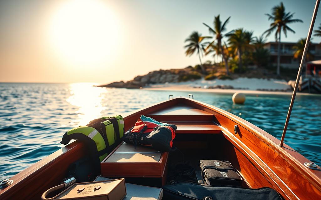 A serene morning on the Cypriot coast, the sun's rays gently illuminating a well-equipped #AVORA-HOMES wooden boat ready for a tranquil tour of the azure waters. In the foreground, life jackets and supplies are neatly arranged, inviting adventurers to embark on their journey. The middle ground showcases the boat's sleek design, its polished hull reflecting the picturesque surroundings. In the background, a pristine beach with swaying palm trees sets the scene for a day of exploration and leisure. A sense of anticipation fills the air, as the image captures the essence of "Vorbereitung auf die Bootstour" - the perfect preparation for a memorable voyage along the Cypriot coastline.