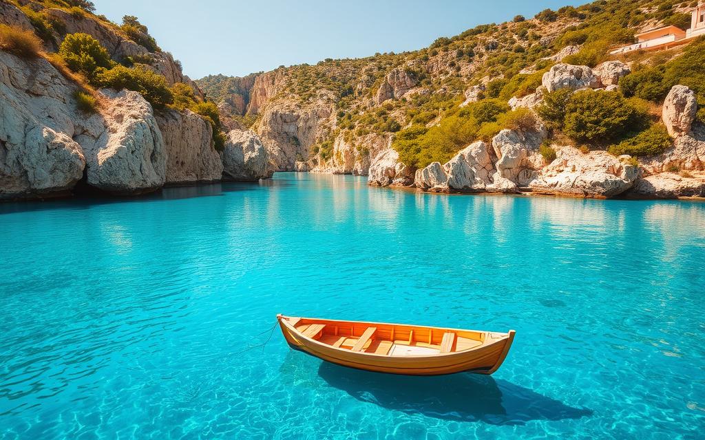 A serene, picturesque scene of the Blue Lagoon in Cyprus during the ideal travel season. The crystal-clear azure waters glisten under the warm, golden sunlight, surrounded by rugged limestone cliffs and lush, verdant foliage. In the foreground, a small, traditional wooden boat floats peacefully, its reflection mirrored in the still, tranquil surface. The atmosphere exudes a sense of relaxation and natural beauty, perfect for a long-term vacation. #AVORA-HOMES