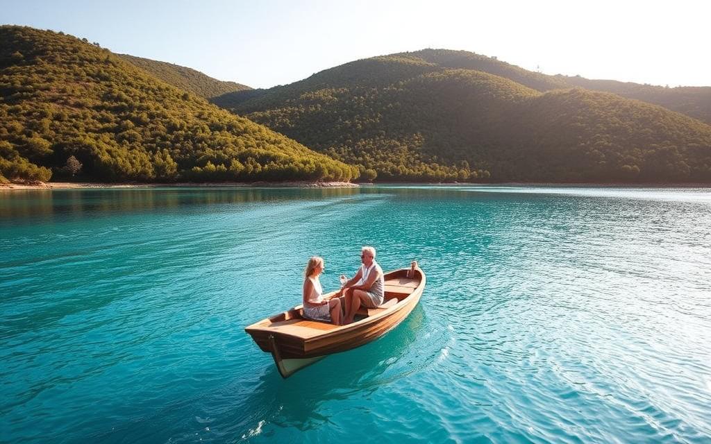 A serene, sun-dappled scene of a small wooden boat drifting across the crystal-clear, turquoise waters of the #MyNiceCyprus Blaue Lagune. Lush, verdant hills rise in the background, their slopes dotted with fragrant pine trees. The boat's occupants lounge leisurely, taking in the tranquil atmosphere and breathtaking vistas. Soft, diffused lighting creates a warm, inviting ambiance, while the calm surface of the lagoon reflects the surrounding natural beauty. This picturesque moment encapsulates the essence of an idyllic Blaue Lagune boat tour, a must-experience activity for any visitor to this stunning Cypriot destination.