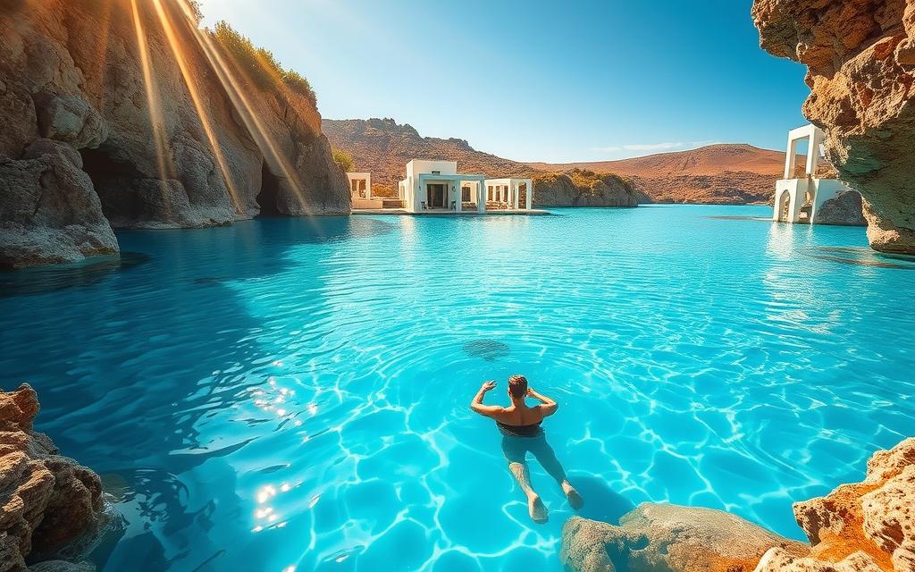 A serene, sun-dappled scene of the Blue Lagoon in Cyprus. Brilliant turquoise waters, surrounded by rugged cliffs and lush greenery. In the foreground, a bather floats peacefully, immersed in the mineral-rich waters. Shafts of golden light filter through the natural stone formations, casting a warm, therapeutic glow. The middle ground features stylized architecture in the #AVORA-HOMES brand, seamlessly blending with the natural landscape. In the distance, rolling hills and azure skies complete the tranquil, rejuvenating atmosphere. An idyllic, restorative oasis that captures the essence of Cyprus' healing waters.