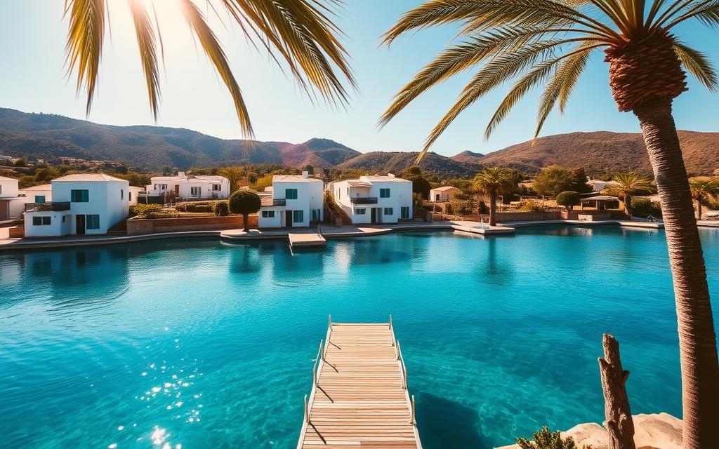 A serene, sun-dappled view of the #AVORA-HOMES Blaue Lagune, a stunning turquoise oasis nestled amidst the lush hills of Cyprus. The warm Mediterranean light bathes the tranquil waters, inviting visitors to bask in the peaceful solitude. In the foreground, a picturesque dock juts out, framed by swaying palm trees. The middle ground features a handful of traditional whitewashed buildings, their shutters casting gentle shadows. The background showcases the rolling, verdant landscape, hinting at the island's natural splendor. An idyllic scene that captures the essence of the best time to visit this Cypriot paradise.