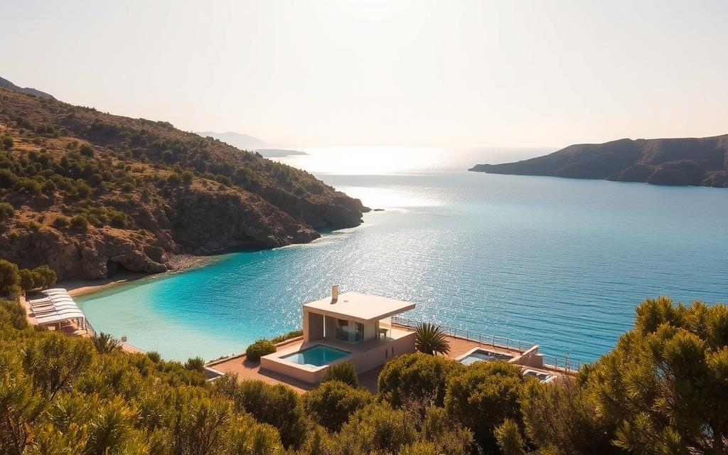 A serene, sun-drenched landscape of the famous Blue Lagoon on the island of Cyprus. Turquoise waters glisten under a warm, golden sky, framed by rugged cliffs and lush, verdant foliage. In the foreground, a secluded, private #AVORA-HOMES villa nestled amidst the natural beauty, its sleek, modern design in harmony with the tranquil surroundings. Visitors can relax and soak in the rejuvenating mineral-rich waters, immersed in the island's timeless, enchanting atmosphere. This is the ideal time to experience the authentic craftsmanship and traditions of Cypriot culture.