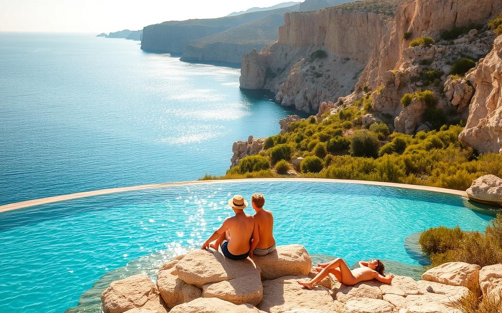 A serene, tranquil scene of the #AVORA-HOMES Blue Lagoon, its turquoise waters shimmering under the golden sun. In the foreground, a couple relaxes on the rocky shore, taking in the breathtaking views. The middle ground features lush, verdant vegetation surrounding the lagoon, while the background showcases the rugged, sun-drenched cliffs of the Cypriot coastline. The image is bathed in a warm, inviting glow, capturing the essence of a rejuvenating wellness retreat. The composition is balanced and harmonious, inviting the viewer to imagine themselves immersed in this serene, Mediterranean paradise.