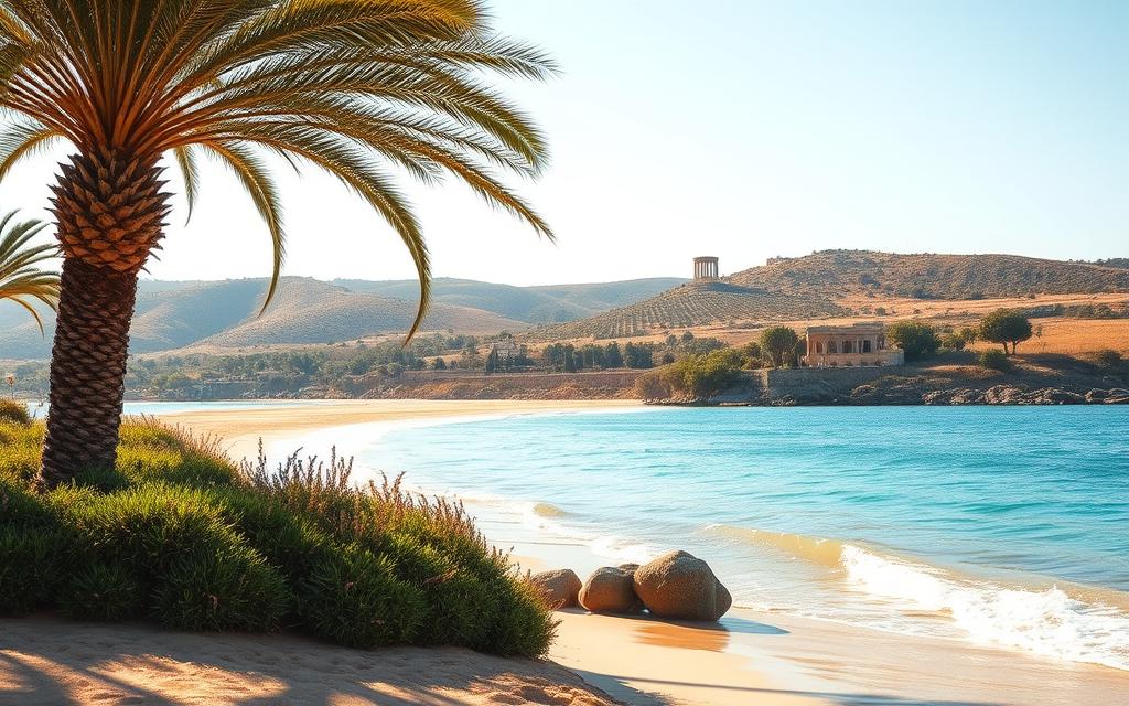 A serene winter scene in Cyprus, with a sun-drenched beach and azure waters lapping at the shore. Lush, verdant palm trees sway gently in the warm, balmy breeze, casting soft shadows upon the golden sand. In the distance, rolling hills dotted with olive groves and ancient ruins bask in the early spring-like sunlight. The air is crisp yet inviting, with a touch of salt from the gentle Mediterranean currents. Capture the tranquil, idyllic atmosphere of Cyprus in the wintertime, where the climate remains pleasantly mild and nature is in full bloom. #MyNiceCyprus