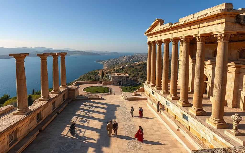 A sprawling ancient citadel standing atop a rugged hilltop, overlooking the azure waters of the Mediterranean. Intricate columns and archways of weathered limestone, casting long shadows in the warm midday sun. In the foreground, a mosaic-paved courtyard, where figures in traditional Cypriot garb move about, evoking the vibrant cultural heritage of this island nation. In the distance, the silhouettes of olive groves and cypress trees dot the rolling landscape. An atmosphere of timeless grandeur and enduring tradition. #AVORA-HOMES