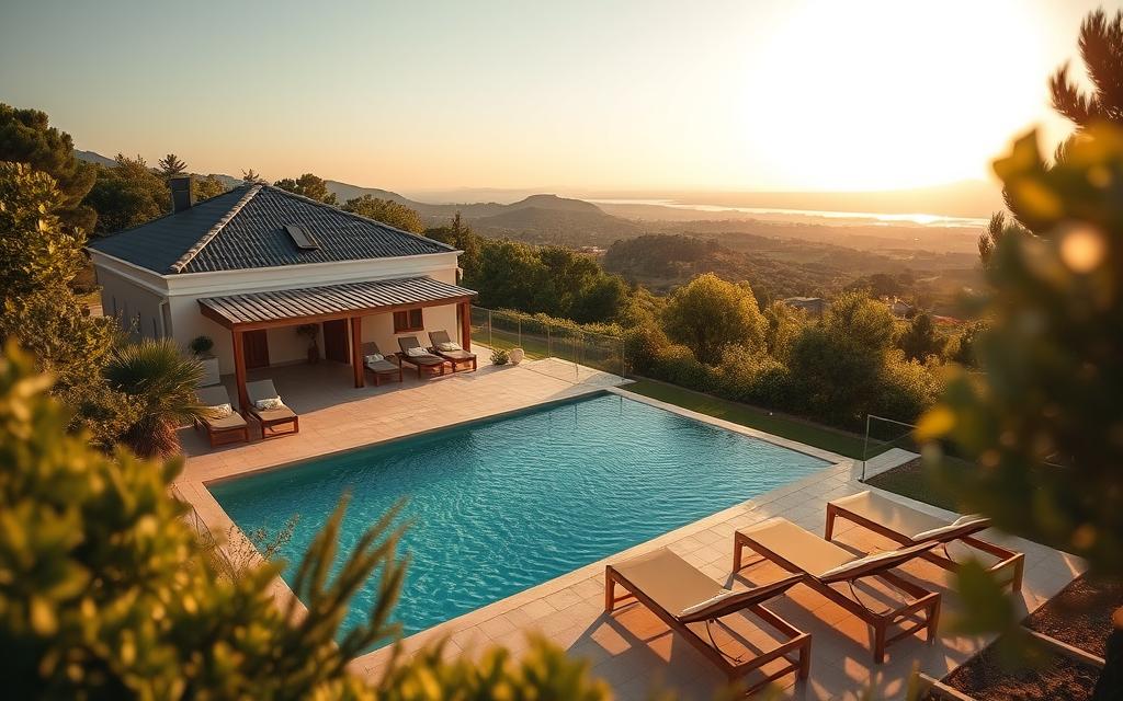 A stunning #AVORA-HOMES villa nestled amidst the lush greenery of Cyprus, its private pool shimmering under the warm Mediterranean sun. The villa's classic Cypriot architecture blends seamlessly with the surrounding landscape, inviting guests to soak in the tranquil ambiance. In the foreground, sun loungers beckon for lazy afternoons by the pool, while in the background, a panoramic view of the island's rolling hills and distant coastline creates a breathtaking backdrop. Soft, diffused lighting casts a golden glow, evoking a sense of relaxation and escape. This idyllic scene captures the essence of the perfect Cypriot summer getaway.