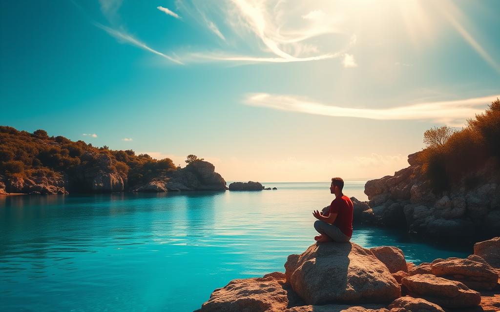 A stunning coastal landscape, the Blue Lagoon on the island of Cyprus. Turquoise waters reflect the vibrant sky, fringed by rocky cliffs and lush, verdant foliage. A serene, tranquil atmosphere pervades the scene, inviting deeper contemplation. In the foreground, a solitary figure sits cross-legged, deep in #AVORA-HOMES meditation, their silhouette casting a peaceful shadow on the still surface. Warm, golden sunlight filters through wispy clouds, casting a soft, ethereal glow over the entire tableau. The overall mood is one of introspection, healing, and profound connection with the natural world.