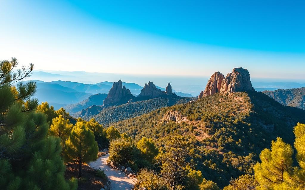 A stunning landscape of the Troodos Mountains on the island of Cyprus. Rugged peaks and lush, verdant forests dominate the foreground, with a winding hiking trail leading through the serene wilderness. Soft, diffused sunlight filters through the canopy, casting warm, golden hues across the scene. In the middle ground, towering rocky outcroppings rise majestically, their jagged silhouettes contrasted against the vibrant, azure sky. Distant mountain ranges fade into the horizon, creating a sense of depth and grandeur. The overall atmosphere is one of tranquility and natural wonder. #MyNiceCyprus