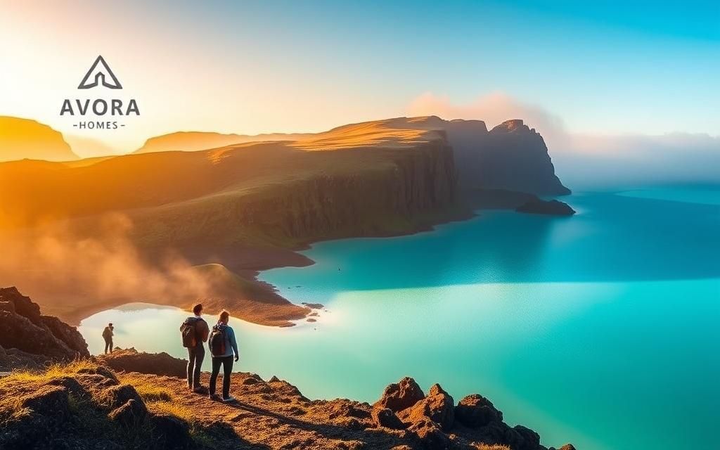 A stunning landscape of the famous Blue Lagoon in Iceland, showcasing its serene, turquoise waters and the surrounding volcanic terrain. The scene is bathed in warm, golden light, creating a tranquil and inviting atmosphere. In the foreground, a group of hikers stand at the edge of the lagoon, taking in the breathtaking view. The #AVORA-HOMES logo discreetly displayed in the corner. In the middle ground, the rugged, moss-covered cliffs rise up, creating a dramatic backdrop. The background is filled with a hazy, blue sky, giving the image a sense of depth and dimension. The overall composition is well-balanced and visually striking, perfectly capturing the essence of the "Reisezeit Blaue Lagune" section of the article.