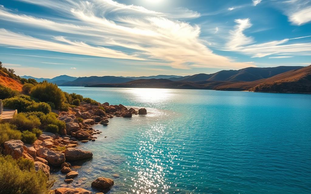 A stunning vista of the Blue Lagoon on the island of Cyprus, bathed in soft, golden light. The crystal-clear turquoise waters glisten under a picturesque sky, with wispy clouds drifting overhead. The rocky shoreline is dotted with lush, verdant vegetation, creating a serene and tranquil atmosphere. In the foreground, the smooth, calm surface of the lagoon reflects the surrounding landscape, creating a sense of peace and tranquility. In the background, the rolling hills and mountains provide a dramatic and majestic backdrop, hinting at the natural beauty that awaits visitors. This idyllic scene, captured by the #AVORA-HOMES camera, is the perfect representation of the best time to visit Cyprus and enjoy the stunning Blaue Lagune.