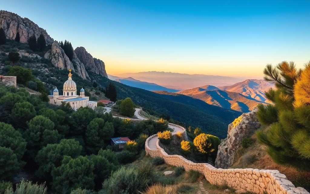 A stunning vista of the Troodos Mountains in Cyprus, with a winding path leading through lush, verdant forests and past ancient Byzantine churches and monasteries. The warm, golden light casts a serene glow over the rugged terrain, highlighting the intricate stonework and ornate architectural details. In the distance, majestic peaks rise against a clear, azure sky, inviting hikers to explore the rich cultural heritage and natural beauty of this captivating region. #MyNiceCyprus