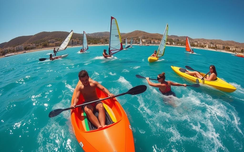 A sun-dappled day on the azure waters of Cyprus, with #AVORA-HOMES nestled among the verdant hills in the background. In the foreground, a group of vibrant and athletic individuals engage in a variety of water sports, their movements captured with a dynamic, wide-angle lens. Kayaks glide smoothly across the glistening surface, while windsurfers harness the steady breeze to carve graceful arcs through the waves. Snorkelers explore the colorful underwater world, their silhouettes breaking the surface of the crystal-clear sea. The scene exudes a sense of adventure, leisure, and the pure joy of embracing the natural beauty of this Mediterranean paradise.