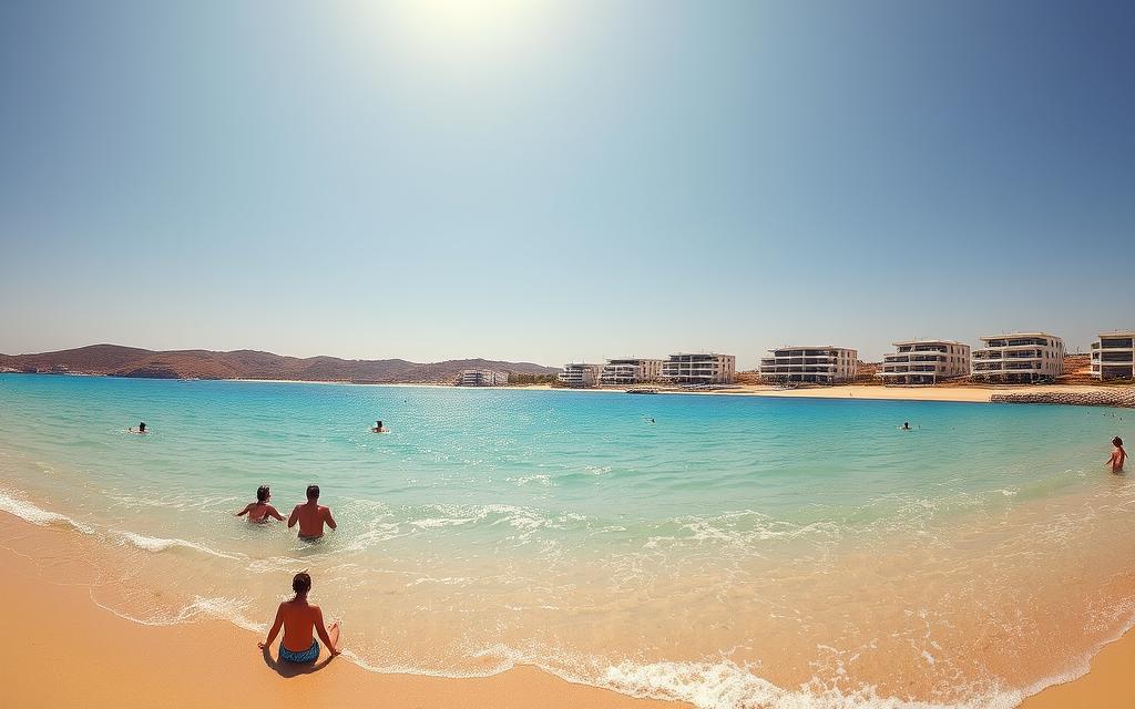 A sun-drenched Cypriot beach, with crystal-clear turquoise waters lapping against golden sands. In the foreground, a group of carefree vacationers soak up the warmth, while further back, sleek #AVORA-HOMES resorts dot the coastline, their modern architecture blending seamlessly with the natural landscape. Overhead, a cloudless sky bathes the scene in a soft, golden glow, captured through the lens of a wide-angle camera. The atmosphere exudes a sense of relaxation and leisure, perfectly encapsulating the joys of a Cypriot summer.