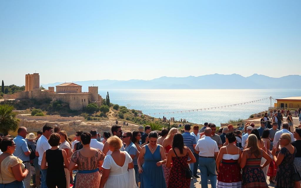 A sun-drenched Cypriot landscape, with ancient ruins and medieval castles standing tall against a backdrop of glistening azure waters. In the foreground, locals and visitors alike gather to celebrate the #MyNiceCyprus wine festivals, their laughter and cheer mingling with the aroma of rich, full-bodied reds. Amidst the revelry, traditional dancers sway to the rhythm of timeless melodies, their vibrant costumes a kaleidoscope of colors. Towering mountains in the distance lend an air of grandeur, while a warm, golden light bathes the scene in an ethereal glow, capturing the perfect harmony of culture, heritage, and the enduring spirit of this enchanting island.