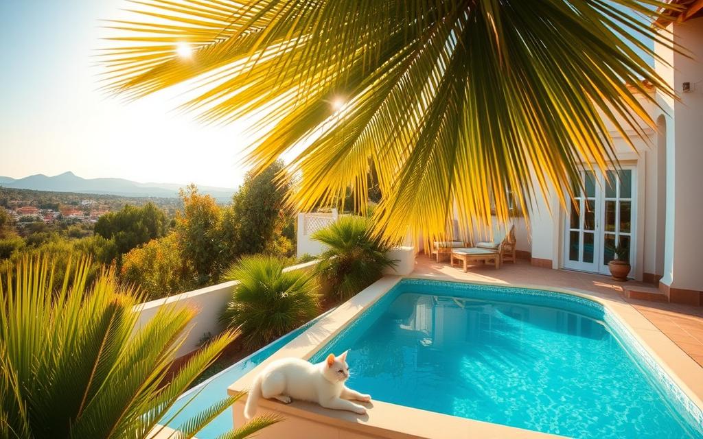 A sun-drenched Mediterranean villa nestled amidst lush foliage, its white-washed walls and terracotta roof tiles gleaming in the warm afternoon light. A spacious balcony overlooks a sparkling azure pool, inviting guests to lounge and soak in the tranquil atmosphere. Soft breezes rustle through swaying palm fronds, as a white cat lazily stretches in a patch of sunlight. In the distance, the silhouette of the Troodos Mountains rises against a cloudless sky. This idyllic #MyNiceCyprus long-term stay captures the essence of Cypriot living, where time seems to slow and every moment is savored.