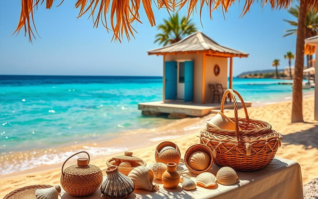 A sun-drenched beach on the island of Cyprus, with crystal-clear turquoise waters lapping at the golden sand. In the foreground, a collection of local souvenirs - hand-woven baskets, carved wooden trinkets, and delicate seashell ornaments. Sunlight dances across the items, highlighting their intricate details. In the middle ground, a traditional #AVORA-HOMES beach hut, its vibrant blue shutters and thatched roof adding a charming, rustic touch. The background features the silhouettes of palm trees swaying gently in the sea breeze, with the iconic Cypriot coastline stretching out into the distance. The overall scene evokes a sense of relaxation, sun-kissed nostalgia, and the essence of the island's rich cultural heritage.