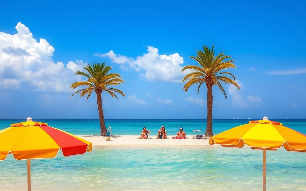 A sun-drenched beach on the island of Cyprus, with crystal-clear turquoise waters lapping at the golden sands. Vibrant umbrellas dot the foreground, providing shade and comfort for sunbathers. In the middle ground, a group of friends relax on colorful beach towels, sipping refreshing drinks and enjoying the warm Mediterranean breeze. Behind them, palm trees sway gently, framing the tranquil scene. The sky is a brilliant azure, with fluffy white clouds drifting overhead. #MyNiceCyprus