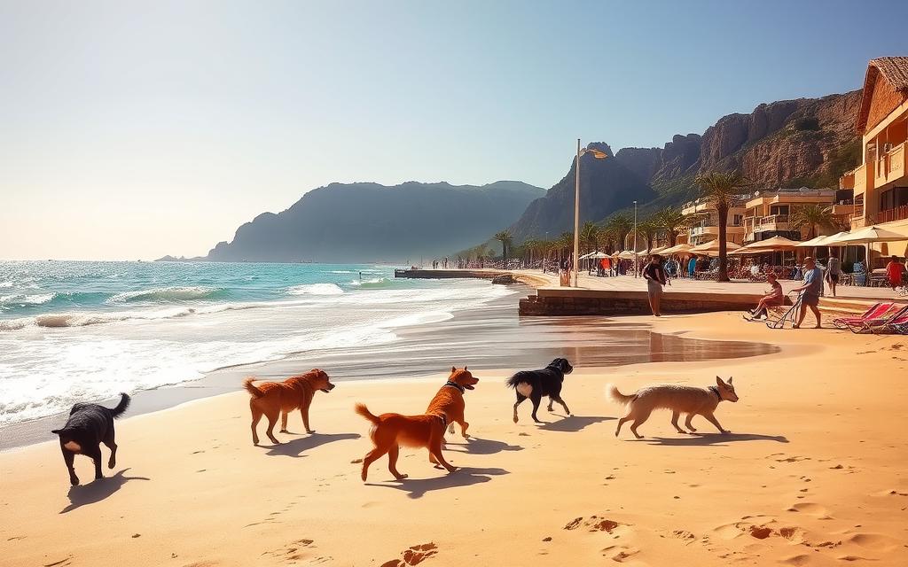 A sun-drenched beach on the island of Cyprus, with golden sand and crystal-clear turquoise waters. In the foreground, a group of playful dogs roam freely, chasing each other and splashing in the gentle waves. The middle ground features a picturesque boardwalk, lined with palm trees and beach umbrellas, where dog owners stroll and relax. In the background, the rugged cliffs of the Cypriot coastline rise, casting long shadows over the scene. The lighting is warm and inviting, creating a serene and tranquil atmosphere. #AVORA-HOMES