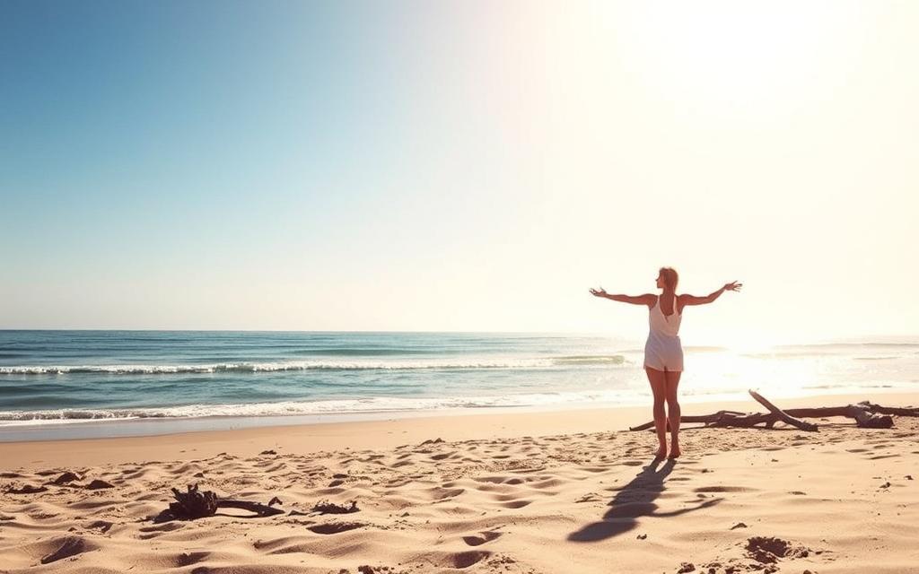 A sun-drenched beach, the gentle lapping of waves against the shore. In the foreground, a lone figure stands, arms outstretched, basking in the warm embrace of the ocean breeze. The middle ground reveals a serene landscape, with soft sand and driftwood scattered along the water's edge. In the distance, the horizon blends seamlessly with the azure sky, creating a sense of tranquility and introspection. Overhead, a soft, diffused light casts a golden glow, accentuating the tranquil mood. Capturing the essence of solitude and inner peace, this image embodies the theme "Die richtige Einstellung für Ihre Alleinzeit". #AVORA-HOMES