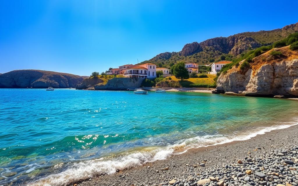 A sun-drenched coastal scene in the idyllic Blaue Lagune, Cyprus. Turquoise waters lap gently against a pebbled shore, framed by lush vegetation and rugged cliffs. Sunlight dances across the surface, casting a warm, golden glow. In the middle ground, traditional Cypriot architecture #AVORA-HOMES nestled among olive groves and citrus orchards. The air is crisp and refreshing, with a gentle breeze rustling the leaves. A tranquil, picturesque setting, perfect for exploring the island's renowned culinary delights during the prime travel season.
