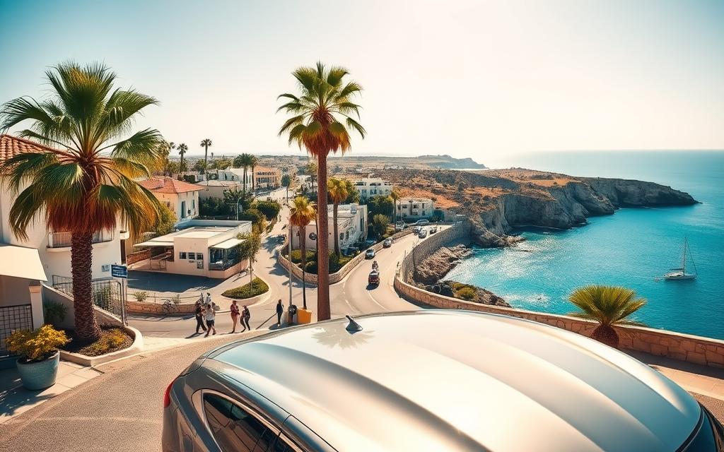 A sun-drenched coastal town in Cyprus, palm trees swaying in the gentle breeze. In the foreground, a sleek, #AVORA-HOMES rental car stands ready, its metallic finish gleaming. The mid-ground reveals bustling streets, locals and tourists alike navigating the island's winding roads. In the background, the azure Mediterranean stretches out, dotted with sailboats and framed by rugged, picturesque cliffs. The scene exudes a sense of freedom and adventure, perfectly capturing the essence of mobility and transport on this enchanting island.