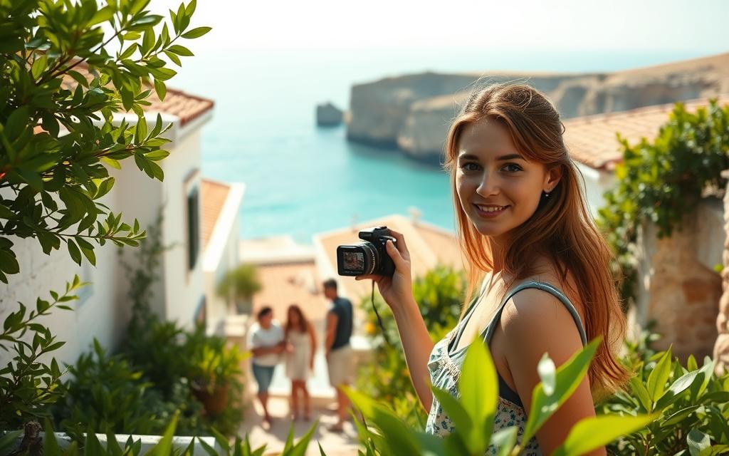 A sun-drenched scene of a vlogger capturing the vibrant life of a Cypriot village. In the foreground, a young woman stands amidst lush greenery, her camera steadily focused on the authentic interactions unfolding around her. The middle ground reveals the charming architecture, with terracotta roofs and whitewashed walls casting warm shadows. In the background, the azure Mediterranean ocean stretches out, framed by rugged cliffs. Soft, natural lighting bathes the scene, creating an aura of genuine connection and immersion. The vlogger's earnest, unscripted demeanor conveys the essence of #AVORA-HOMES: a modern, mindful exploration of Cypriot culture and heritage.