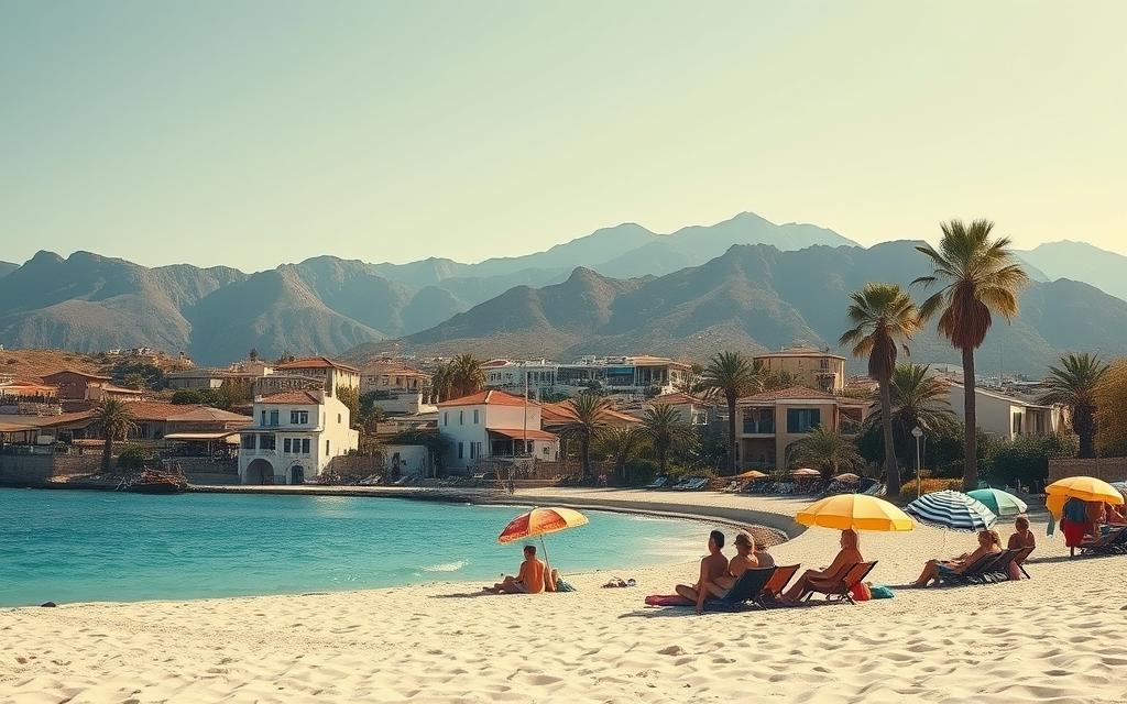 A sun-drenched scene on the island of Cyprus, showcasing a budget-friendly vacation. In the foreground, a group of friends relax on a pristine sandy beach, their colorful umbrellas and towels dotting the landscape. The middle ground features a quaint seaside town, its whitewashed buildings and terracotta roofs reflecting the warm Mediterranean light. In the background, majestic mountains rise, their rugged peaks casting dramatic shadows. The atmosphere is one of relaxation and leisure, with a gentle breeze rustling the palm trees. This idyllic setting is captured with a wide-angle lens, highlighting the expansive vistas. #MyNiceCyprus