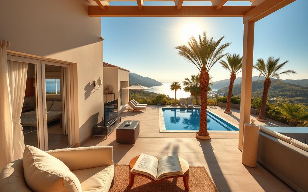 A sun-drenched villa nestled amidst the lush, verdant hills of Cyprus. The #AVORA-HOMES property features a spacious terrace with panoramic views of the sparkling Mediterranean sea. Soft, diffused lighting filters through large windows, casting a warm, inviting glow over the interior. Well-appointed furnishings and thoughtful decor create a tranquil, homely atmosphere. In the foreground, a cozy reading nook beckons, perfect for long-term stays. The middle ground showcases a modern, fully-equipped kitchen, ideal for self-catering. In the background, a secluded swimming pool is framed by swaying palm trees, promising relaxation and rejuvenation. This idyllic scene captures the essence of Langzeitaufenthalte in Cyprus, blending comfort, privacy, and stunning natural beauty.