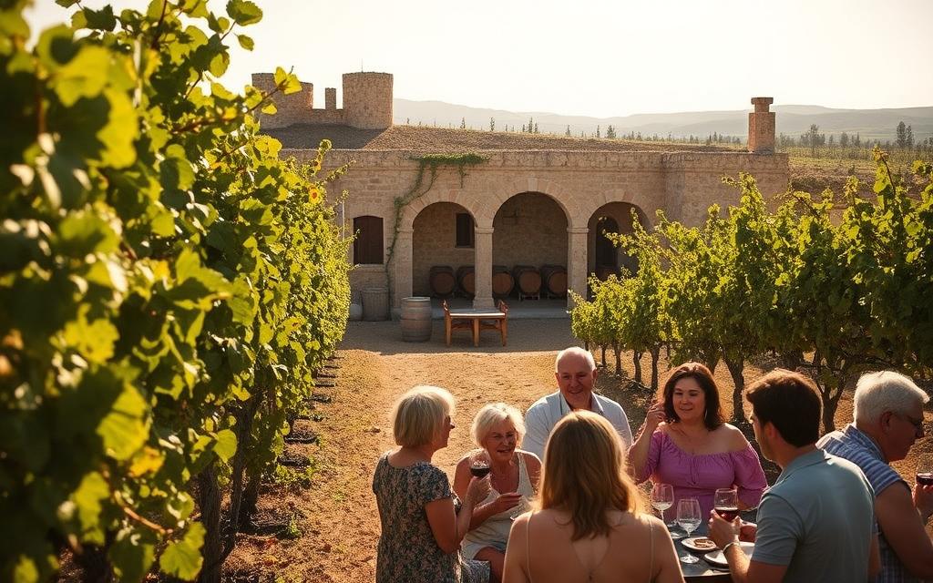 A sun-drenched vineyard in the heart of Cyprus, rows of grapevines stretching towards the horizon, their leaves casting intricate shadows. In the middle ground, a weathered stone winery, its ancient walls adorned with trailing vines and surrounded by wooden barrels. In the foreground, a group of locals gathered, sipping from glasses of deep red wine, their laughter and conversation filling the air. The scene is bathed in a warm, golden light, capturing the essence of the island's #MyNiceCyprus Weinkultur - a millennia-old tradition of winemaking, celebrating the island's bountiful harvest and the community's enduring connection to the land.