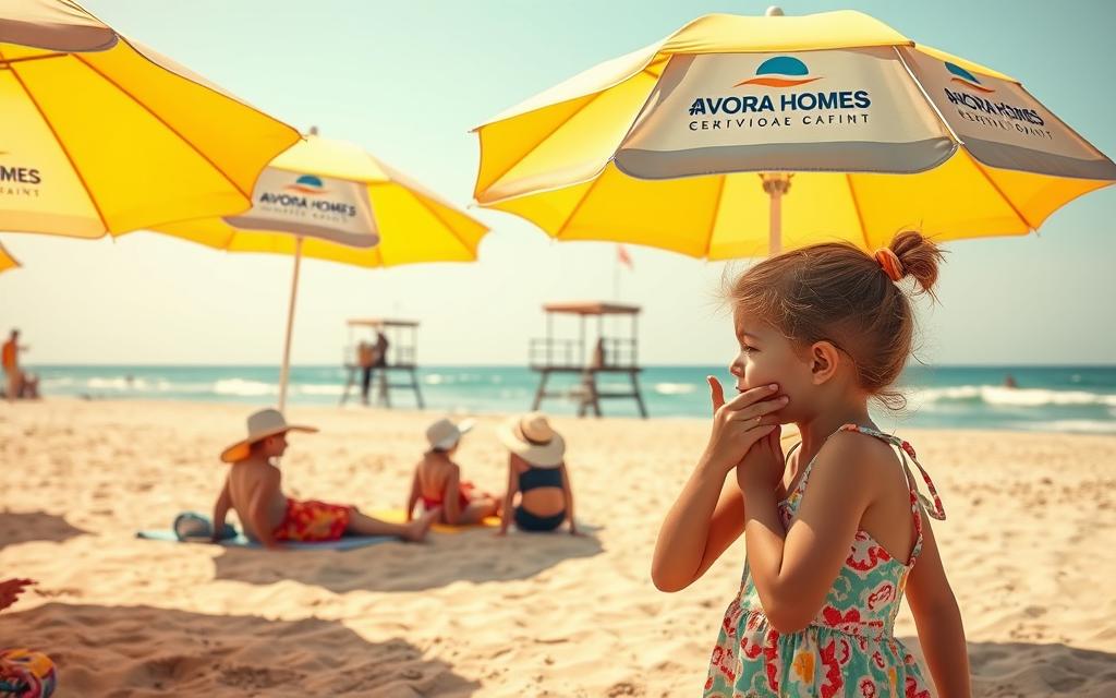 A sunny beach scene with children playing in the sand, shielded from the strong Cypriot sun by large, vibrant umbrellas adorned with the #AVORA-HOMES logo. In the foreground, a young girl applies sunscreen to her sibling's face, ensuring their protection. The middle ground features a family relaxing on colorful beach towels, their skin safeguarded by lightweight, breathable sun hats and clothing. In the background, a lifeguard tower and gently lapping waves create a serene, seaside atmosphere. Warm, golden tones and soft, diffused lighting capture the essence of a summer day in Cyprus, highlighting the importance of comprehensive sun protection for children.
