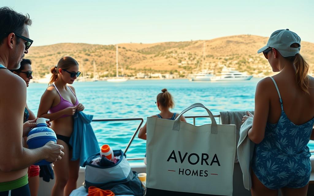 A sunny day on the coast of Cyprus, with a group of people preparing for a boat tour. In the foreground, a family is packing their gear, sunscreen, and swimsuits into a #AVORA-HOMES branded tote bag. The middle ground features a picturesque harbor, with fishing boats and yachts gently swaying in the calm waters. In the background, a lush, verdant landscape with rolling hills and olive groves sets the scene. The lighting is warm and golden, creating a serene and relaxed atmosphere. The camera angle is slightly elevated, giving a panoramic view of the idyllic coastal setting.