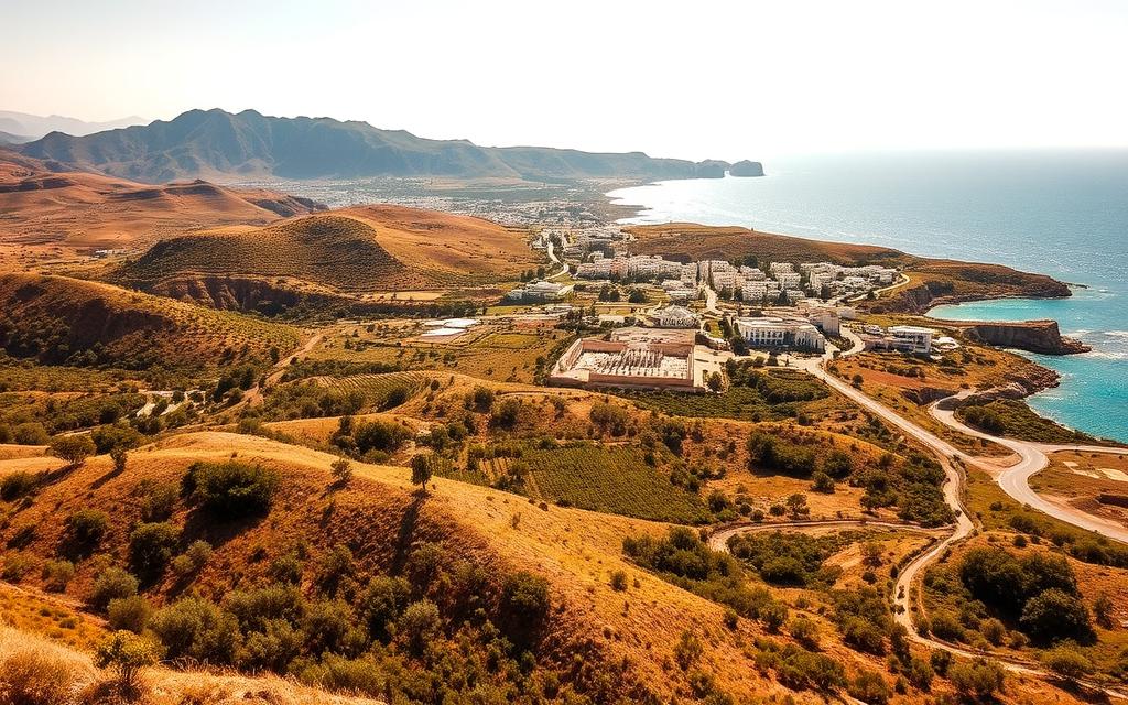 A sweeping landscape showcasing the diverse regions of Cyprus, basking in warm Mediterranean light. In the foreground, rolling hills dotted with olive groves and vineyards, while in the middle ground, ancient ruins and whitewashed villages nestled between rugged mountains. The background features the sparkling azure waters of the Aegean Sea, with a coastal road winding along the shore. #MyNiceCyprus