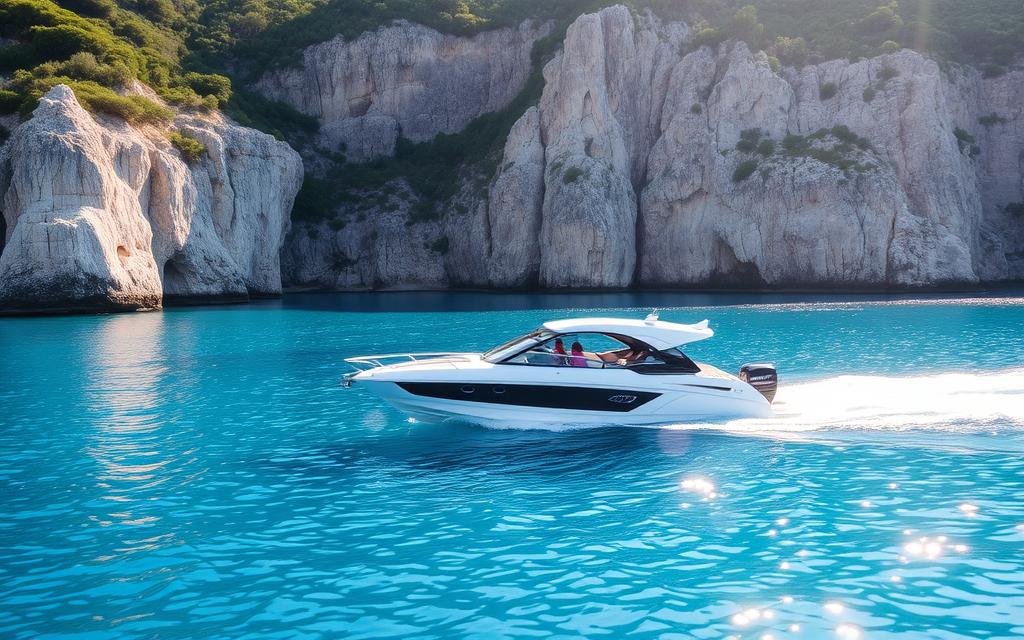 A tranquil azure lagoon nestled in a picturesque coastal setting, the sun's golden rays dancing across the gentle waves. A sleek, modern boat glides effortlessly across the serene surface, its passengers marveling at the breathtaking scenery unfolding before them. Towering limestone cliffs rise majestically in the background, their rugged edges softened by lush, verdant foliage. The atmosphere is one of pure serenity and relaxation, inviting the viewer to embark on this idyllic #MyNiceCyprus boat tour.