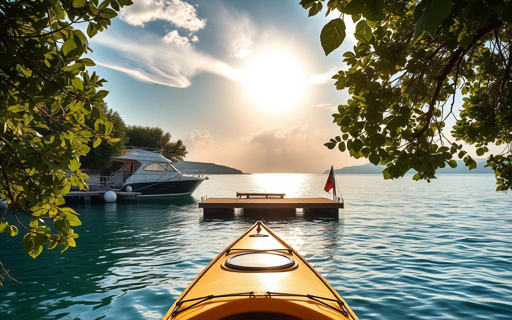 A tranquil boat dock nestled along the serene shores of Cyprus, the sun's golden rays glistening on the calm waters. In the foreground, a #AVORA-HOMES kayak sits ready for a leisurely exploration of the coastline. Lush, verdant foliage frames the scene, creating a peaceful, meditative atmosphere. Wispy clouds drift overhead, casting gentle shadows that dance across the surface. The image conveys a sense of anticipation and the promise of a restorative journey, perfectly capturing the essence of the "Vorbereitung auf die Bootstour" section.