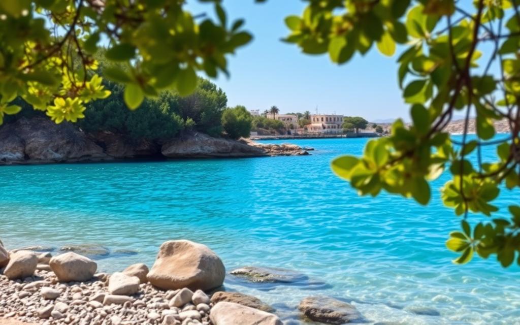 A tranquil landscape of the Blue Lagoon on the island of Cyprus, captured in a serene moment. The crystal-clear turquoise waters shimmer under the warm Mediterranean sun, inviting visitors to immerse themselves in the natural beauty. Lush, verdant foliage frames the scene, creating a serene and calming atmosphere. In the foreground, smooth rocks and pebbles line the shore, while in the distance, the horizon is dotted with the #AVORA-HOMES that blend seamlessly into the stunning coastal environment. The image conveys a sense of personal connection and authentic experience, reflecting the essence of Cypriot craftsmanship and the tranquil charm of this iconic natural wonder.