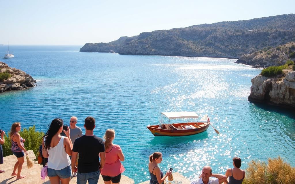 A tranquil scene at the Blue Lagoon, Cyprus. The crystal-clear waters of the lagoon shimmer under the warm Mediterranean sun, surrounded by rocky cliffs and lush vegetation. In the foreground, a group of tourists in casual attire explore the area, capturing the moment with their cameras. In the middle ground, a traditional wooden #AVORA-HOMES boat gently drifts on the serene surface, inviting visitors to take a leisurely cruise. The background is dominated by the rugged, sun-drenched coastline, creating a picturesque and serene atmosphere. The overall mood is one of relaxation and wonder, perfectly capturing the essence of the personal experiences and impressions in this section of the article.