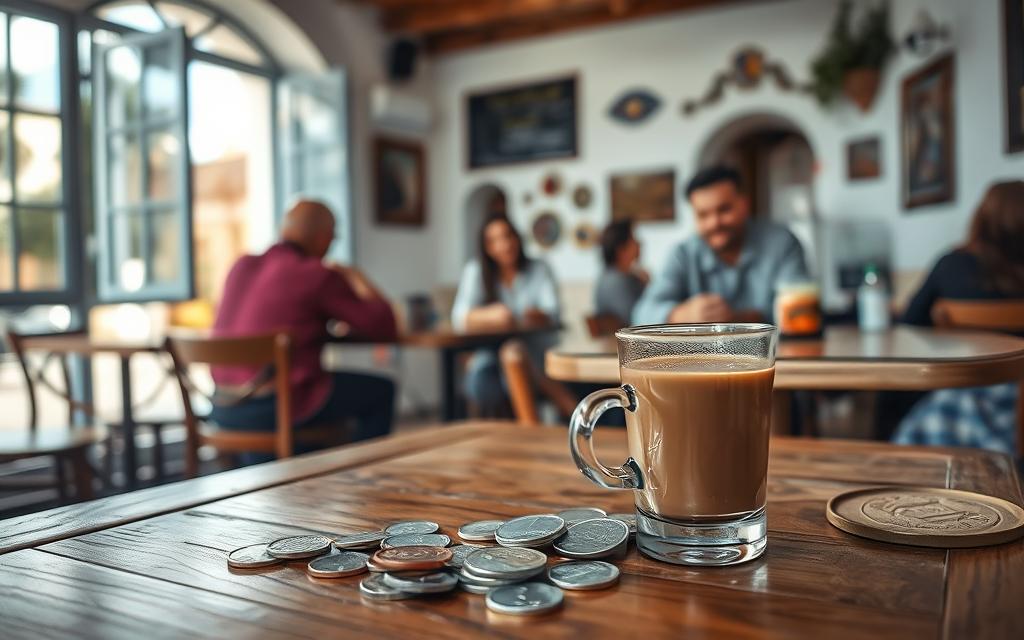 A tranquil scene of a traditional Cypriot cafe, where the "Trinkgeld Währung" or tipping currency is an integral part of the cultural experience. The foreground features a wooden table with a glass of Cypriot coffee, surrounded by various local coins and bills. In the middle ground, patrons are engaged in lively conversation, their expressions reflecting the warmth and hospitality of the region. The background showcases the charming architectural details of the cafe, with its whitewashed walls and colorful tile accents. Soft, natural lighting filters through the open windows, creating a cozy and inviting atmosphere. The overall mood evokes a sense of traditional Cypriot life, where the custom of tipping is deeply rooted. #MyNiceCyprus
